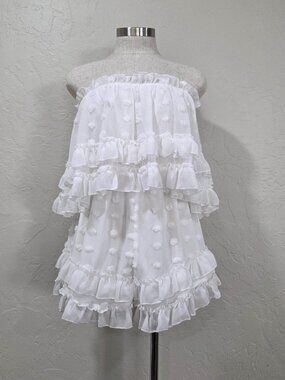 Swiss Dot Strapless Romper With Tiered Ruffles